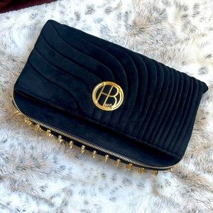 Henri Bendel Black Suede Leather Quilted expandable clutch with gold spikes